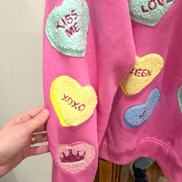 💝 Valentine candy heart sweatshirt pink sparkle sequin embroidered QOS size L - Picture 3 of 5